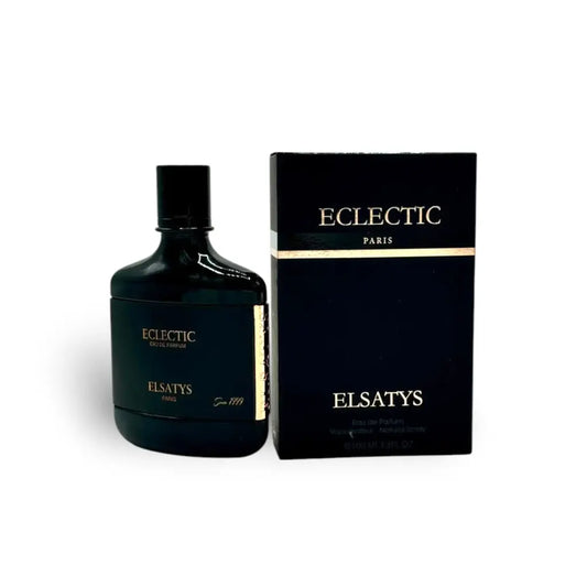 Black perfume bottle and packaging with 'Elsatys' branding on a white background Eclectic (Elsatys Leather Collection) 100ml EDP 