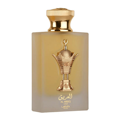 Al Areeq Gold Perfume 100ml EDP by Lattafa Pride bottle angle view