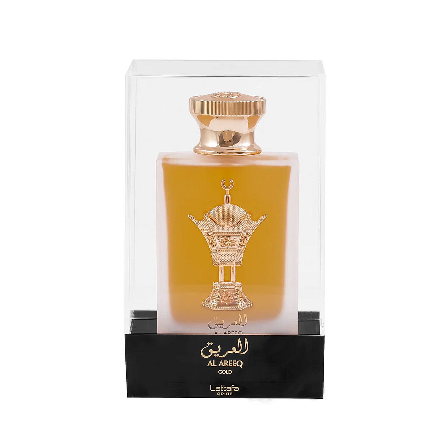 Al Areeq Gold Perfume 100ml EDP by Lattafa Pride in display case