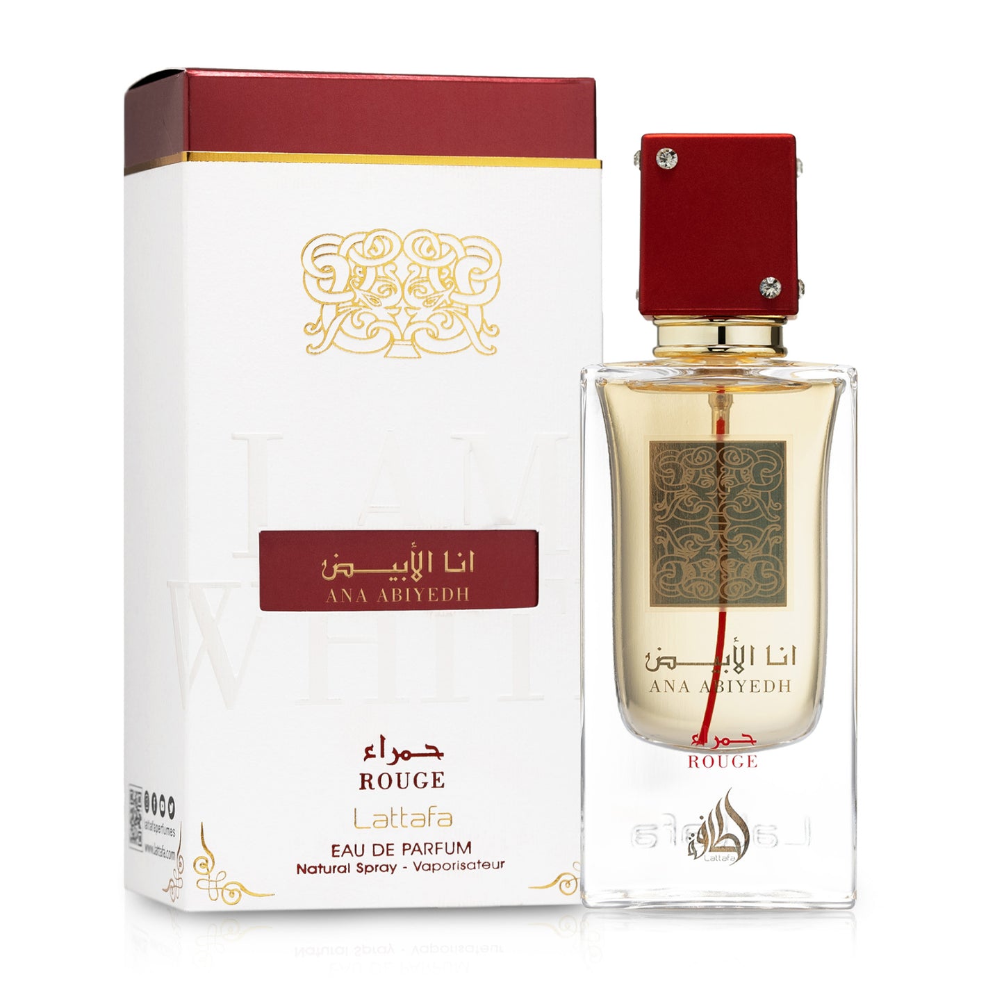 Ana Abiyedh Rouge 60ml by Lattafa Eau De Parfum bottle and box