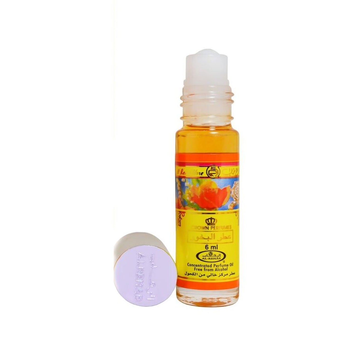 Bakhour 6ml Concentrated Perfume Oil by Al Rehab lid of displaying the roll on applicator