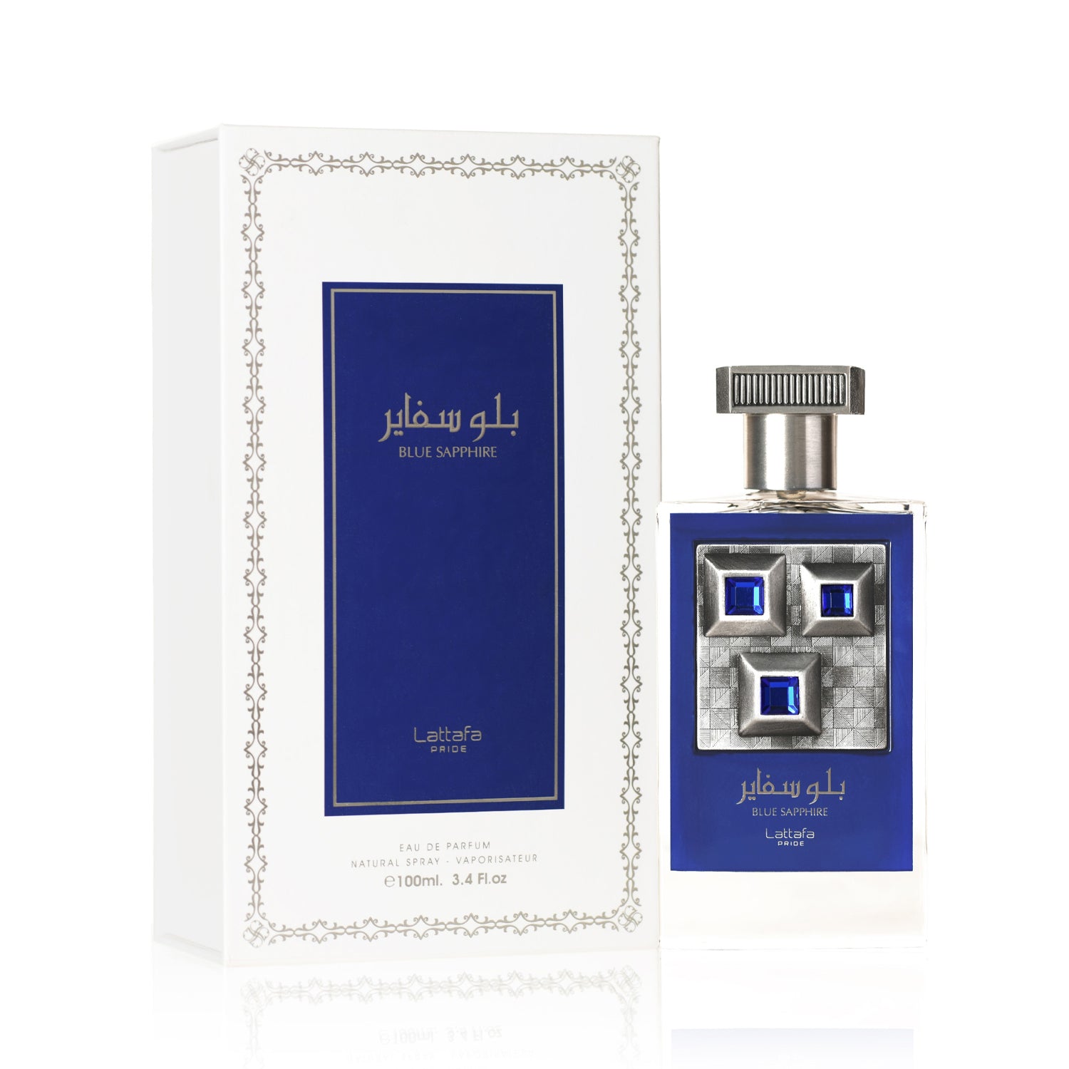 Blue Sapphire Perfume 100ml EDP by Lattafa Pride bottle and box