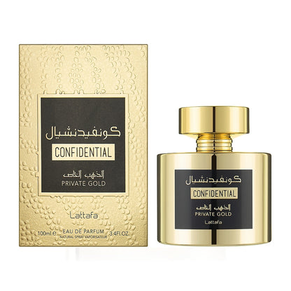 Confidential Private Gold Perfume 100ml EDP by Lattafa bottle and box