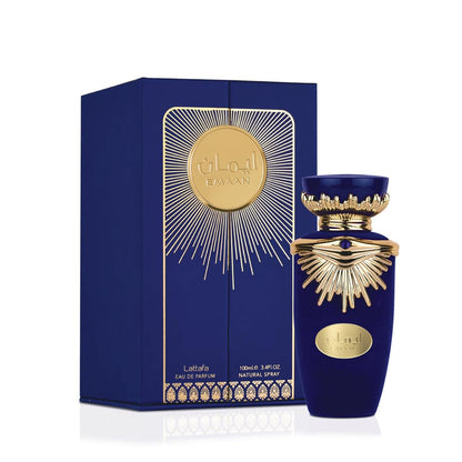 Emaan Eau De Parfum 100ml By Lattafa Perfumes bottle outside the box