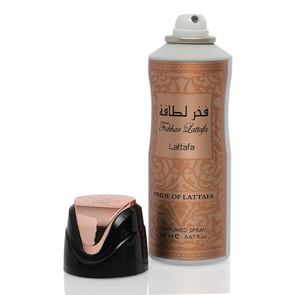 Fakhar Lattafa Rose Gold Perfumed Body Spray bottle can lid open display