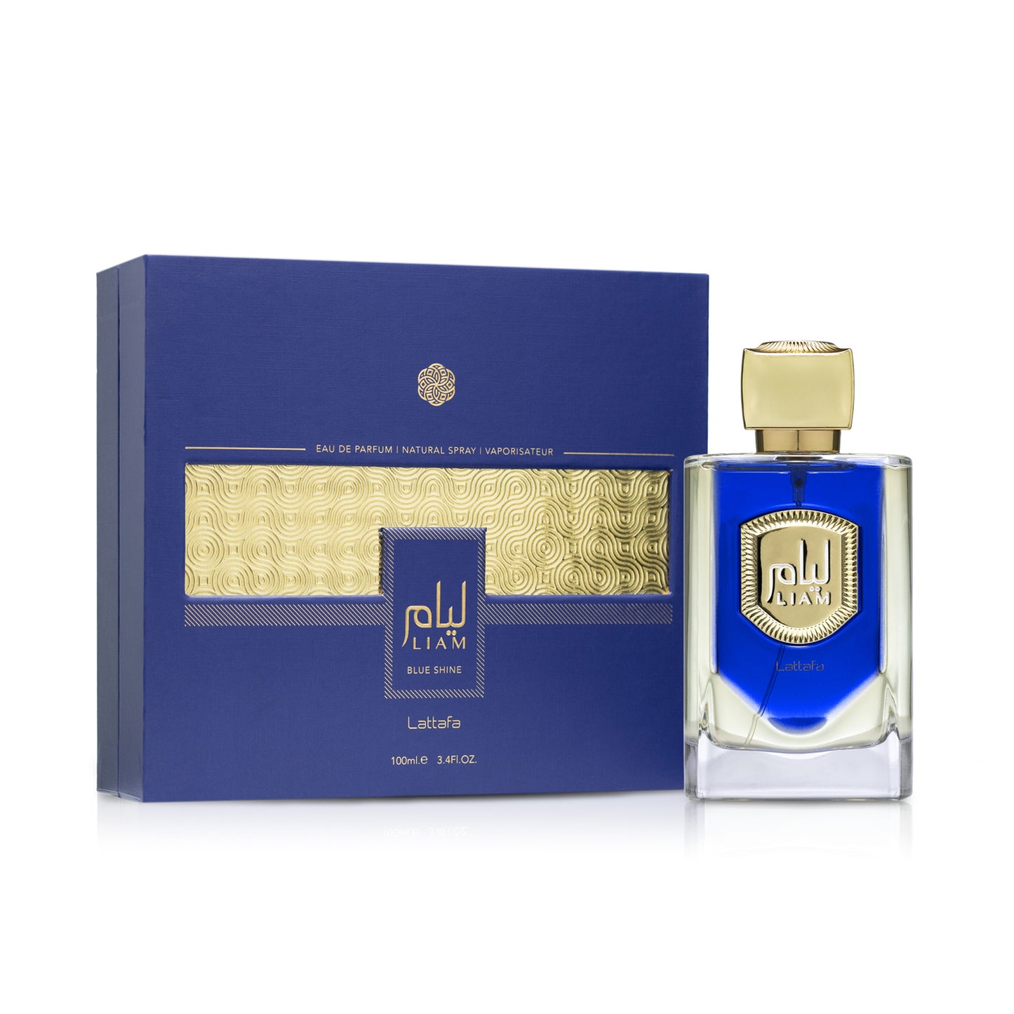 Liam Blue Shine 100ml EDP By Lattafa box and bottle