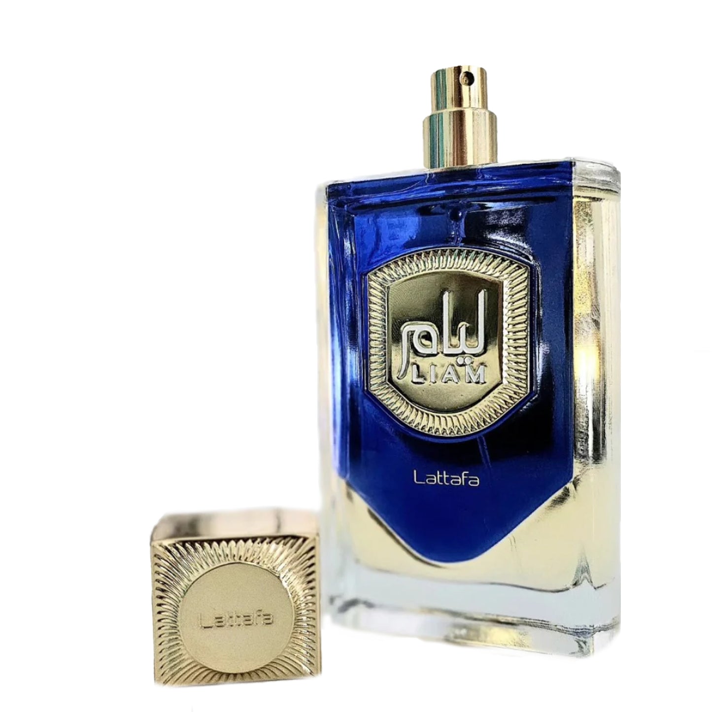 Liam Blue Shine 100ml EDP By Lattafa bottle with atomizer showing