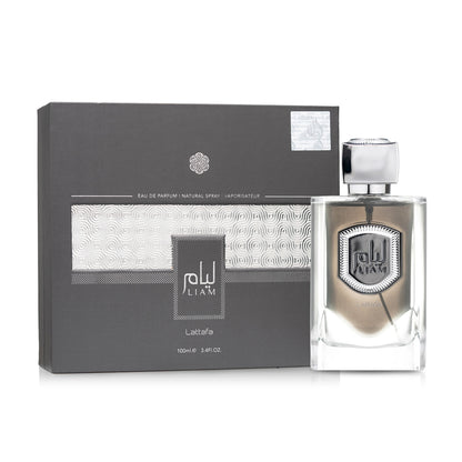 Liam Grey 100ml EDP by Lattafa box and bottle