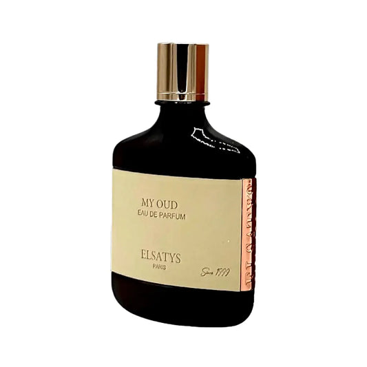 Parisis My Oud (Elsatys Leather Collection) Perfume bottle labeled 'My Oud' by Elsatys on a white background