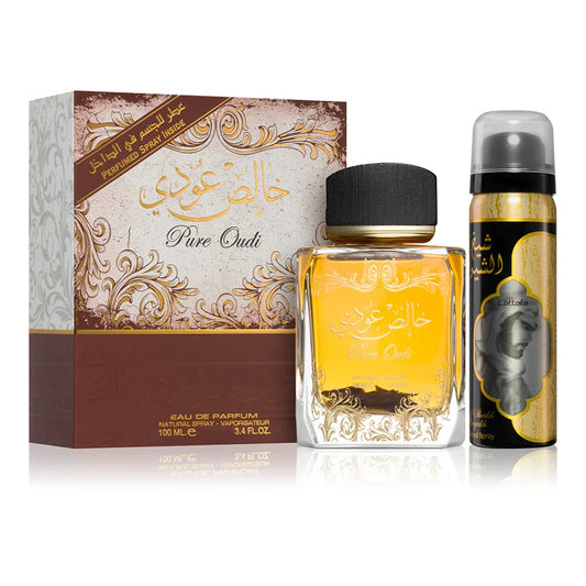 Pure Oudi (Khalis Oudi) 100ml EDP with Deodorant Gift Set by Lattafa