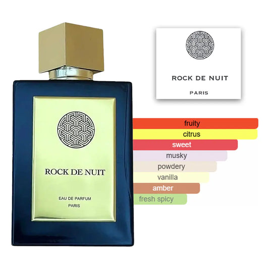 Rock De Nuit Gold 100ml EDP Perfume bottle labeled 'Rock de Nuit' with fragrance description on a white background
