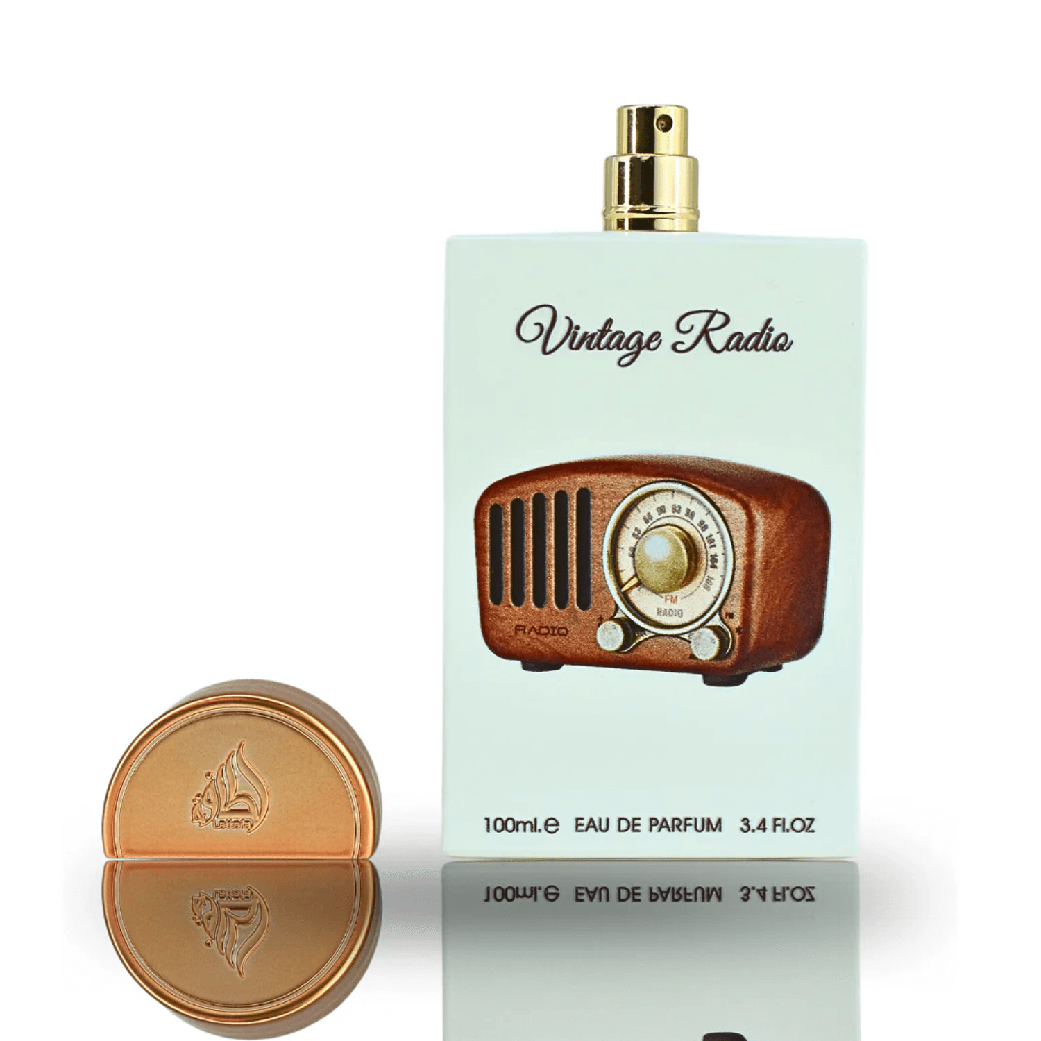 Vintage Radio EDP 100ml By Lattafa Pride bottle lid off atomizer spray display