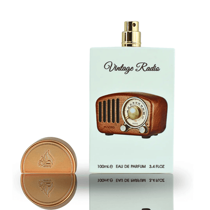 Vintage Radio EDP 100ml By Lattafa Pride bottle lid off atomizer spray display